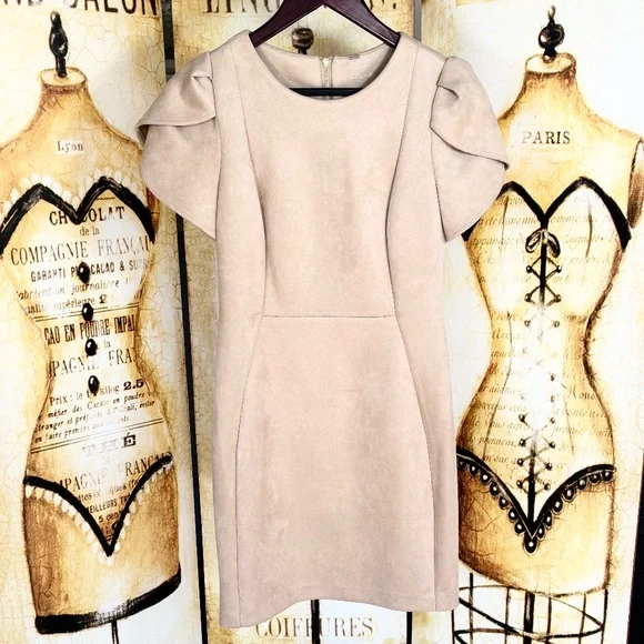 Calvin Klein Neutral Taupe Mini Dress – Elegant Puff Sleeves (S) - Picture 1 of 2